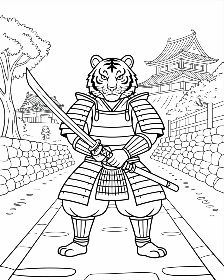 tiger samurai warrior ink drawing