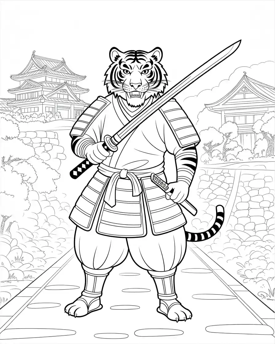 tiger samurai warrior outline drawing