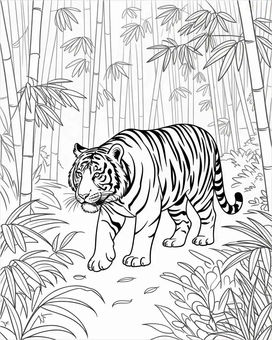 tiger walking bamboo forest coloring page