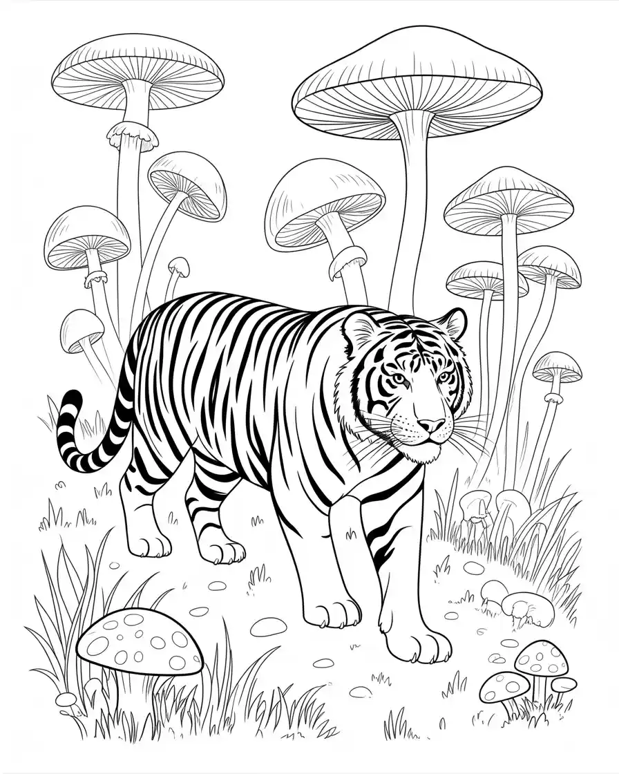 tiger walking through giant mushroom forest line art