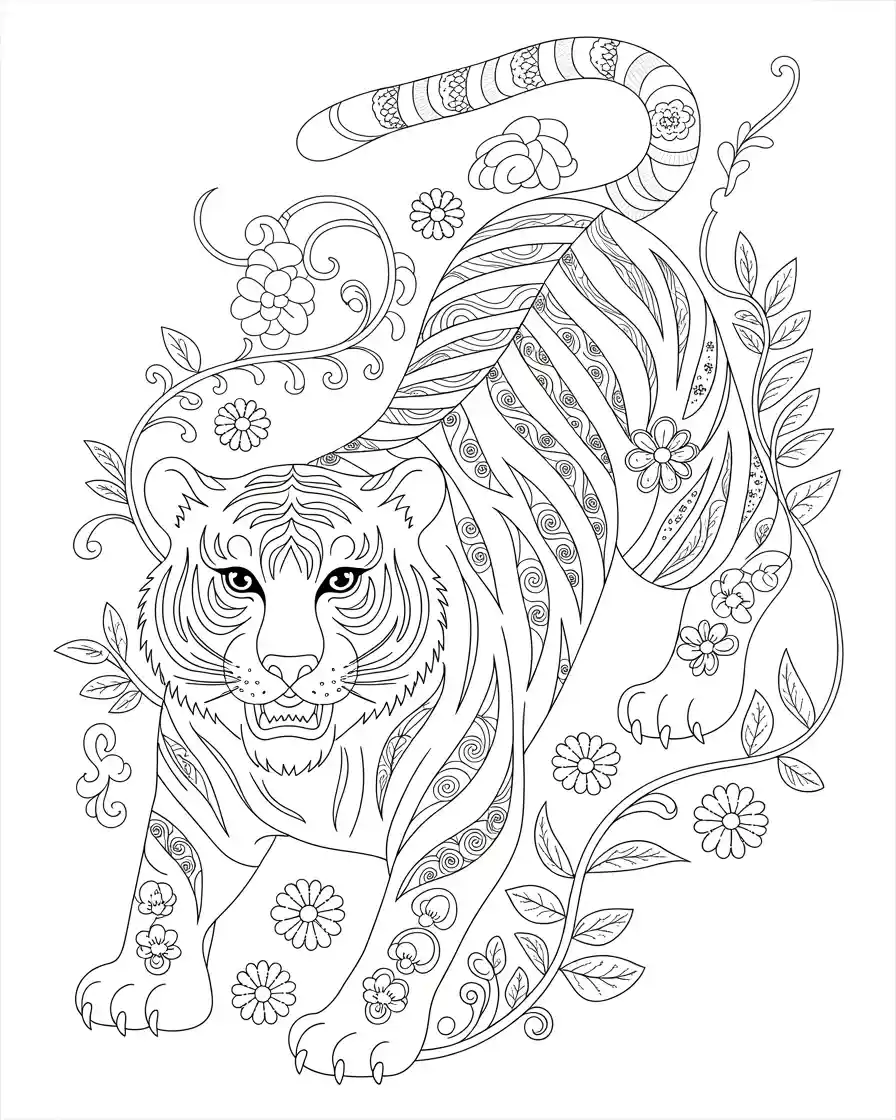 traditional chinese tiger ornamental doodle line illustration