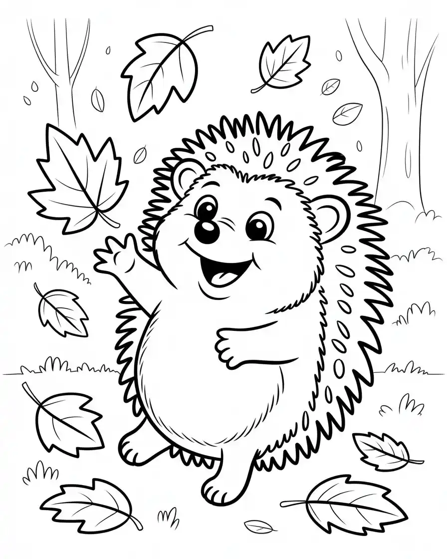 Cheerful hedgehog with autumn leaves