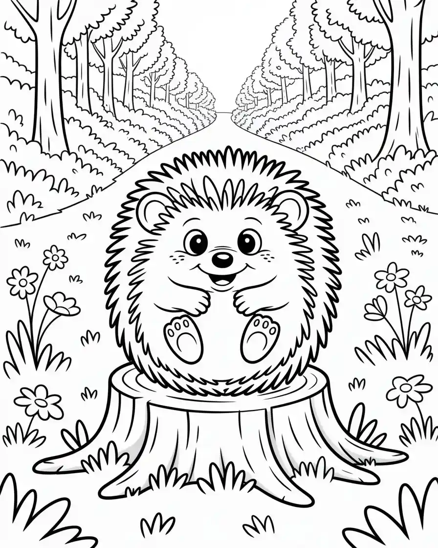curled hedgehog on tree stump coloring page