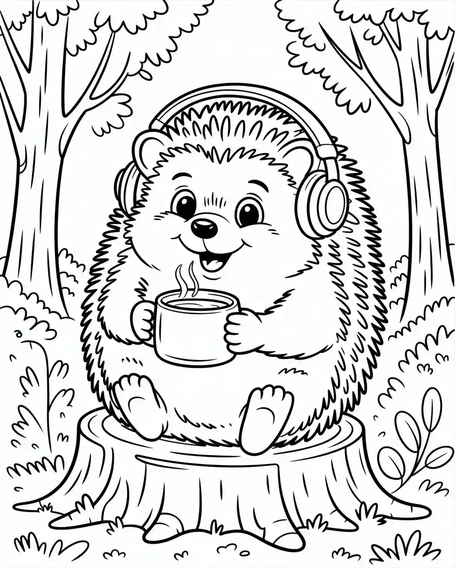 cute hedgehog with headphones coloring page