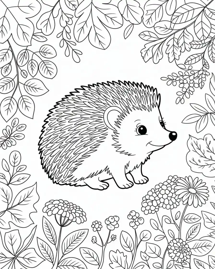 hedgehog in autumn leaves coloring page