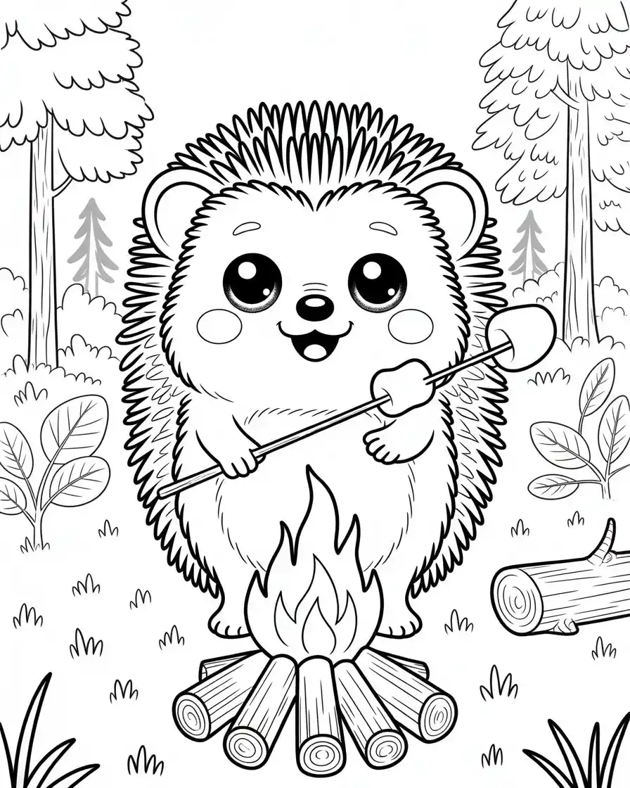 hedgehog roasting marshmallow coloring page