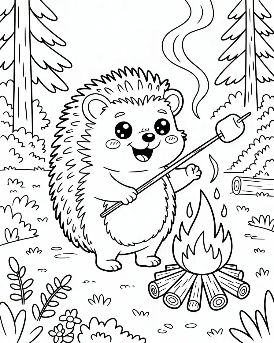 hedgehog roasting marshmallow coloring page