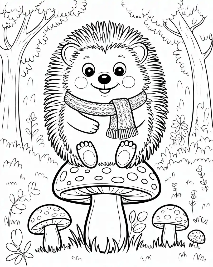 hedgehog sitting on mushroom coloring page
