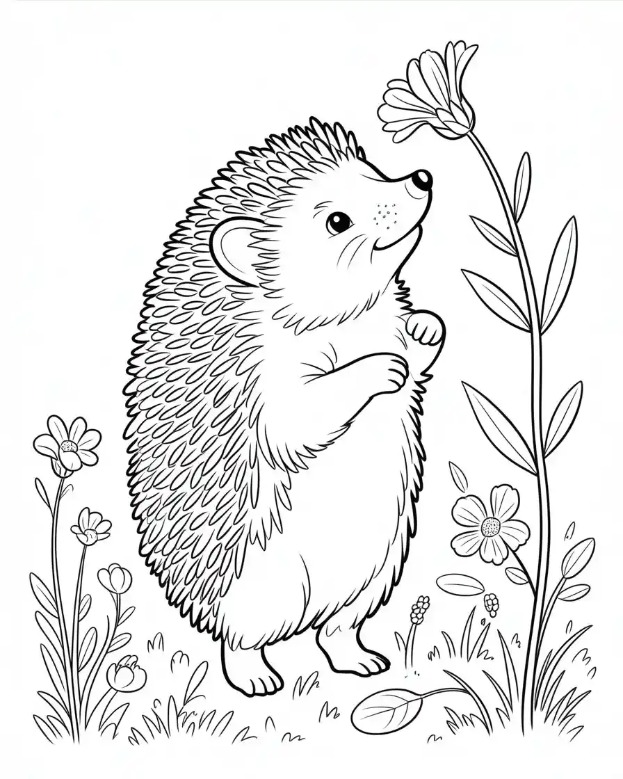hedgehog sniffing flowers coloring page