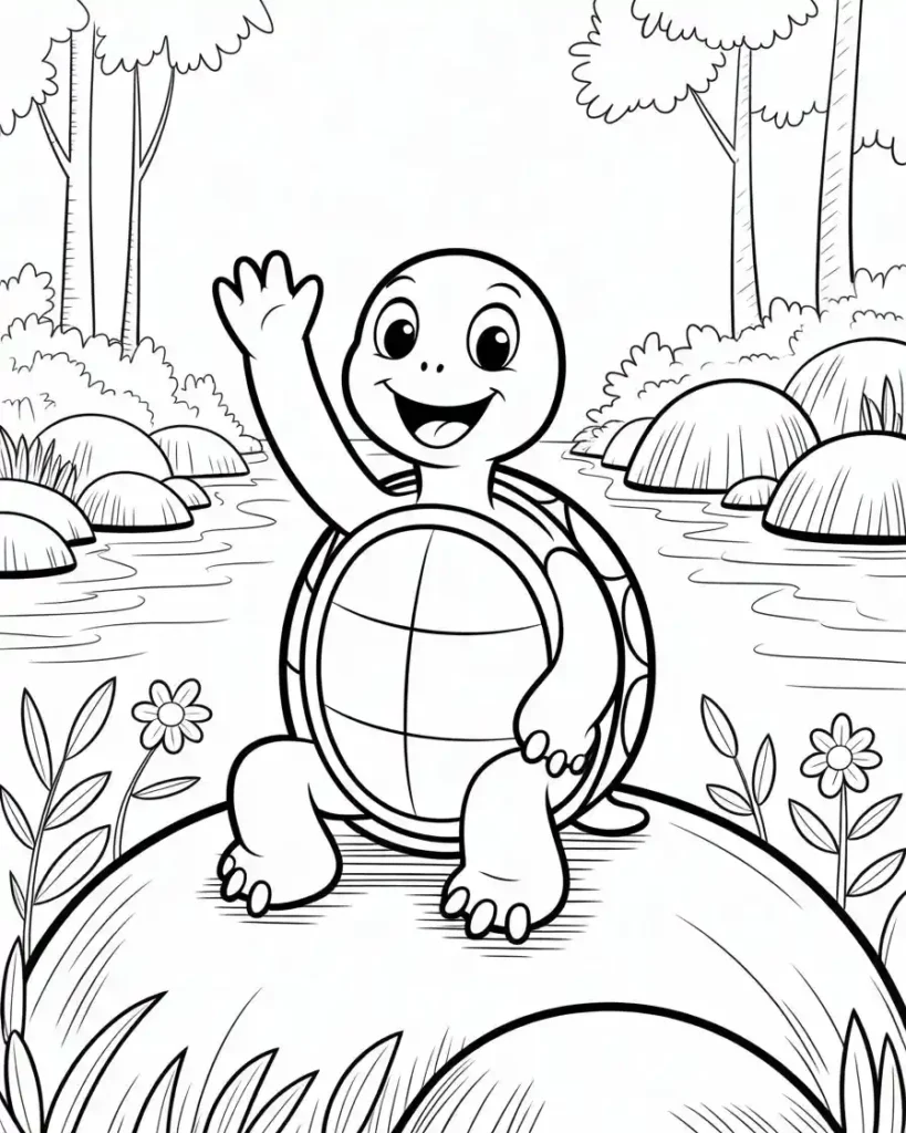 Friendly Turtle Waving by a Forest River Coloring Page