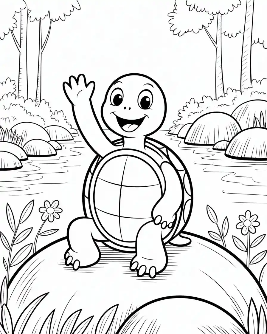 Friendly Turtle Waving by a Forest River Coloring Page