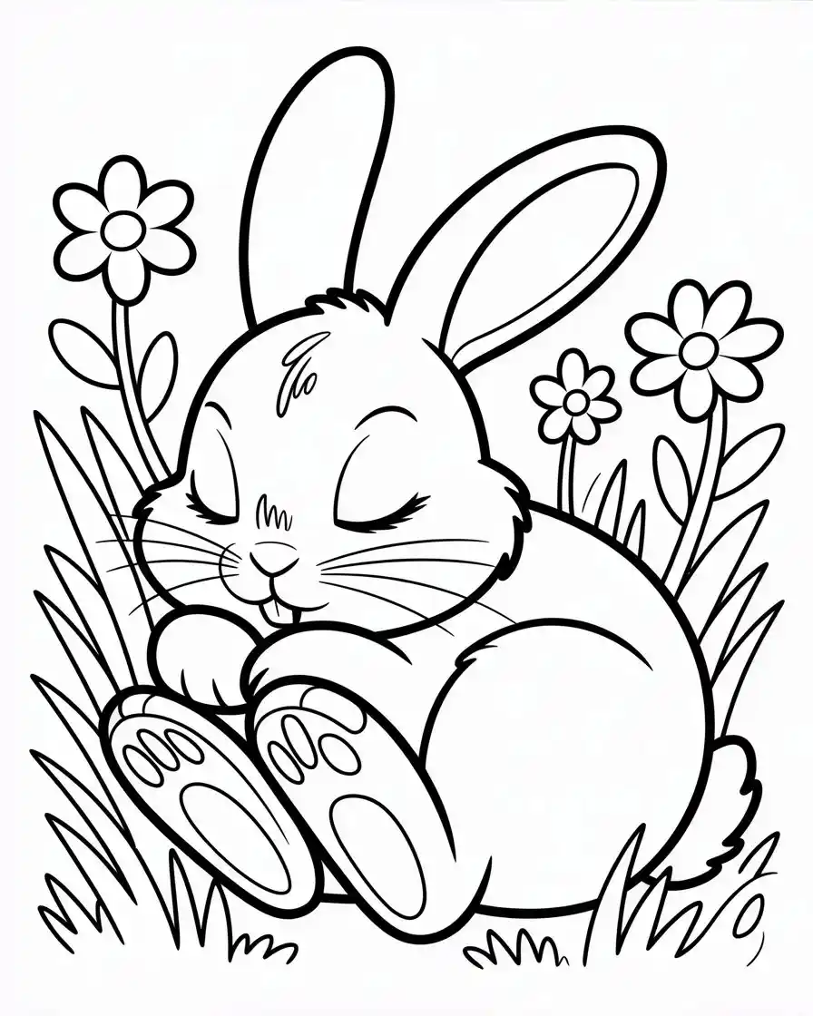 adorable rabbit sleeping in grass patch coloring page