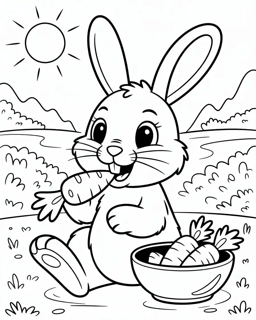 cartoon rabbit eating a bowl of carrots coloring page