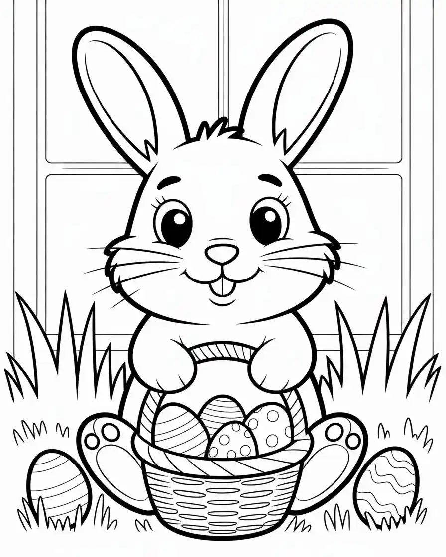 cartoon rabbit holding basket of easter eggs coloring page 1