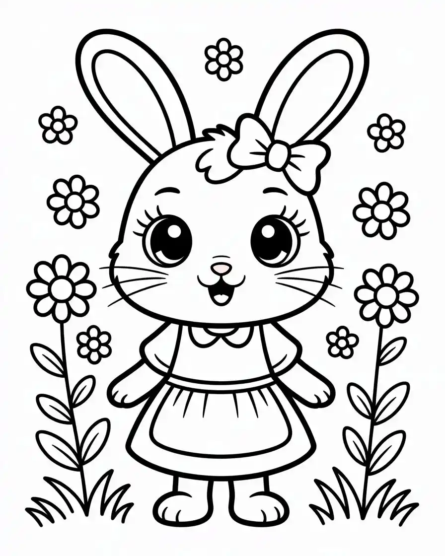 chibi rabbit in a dress and apron coloring page