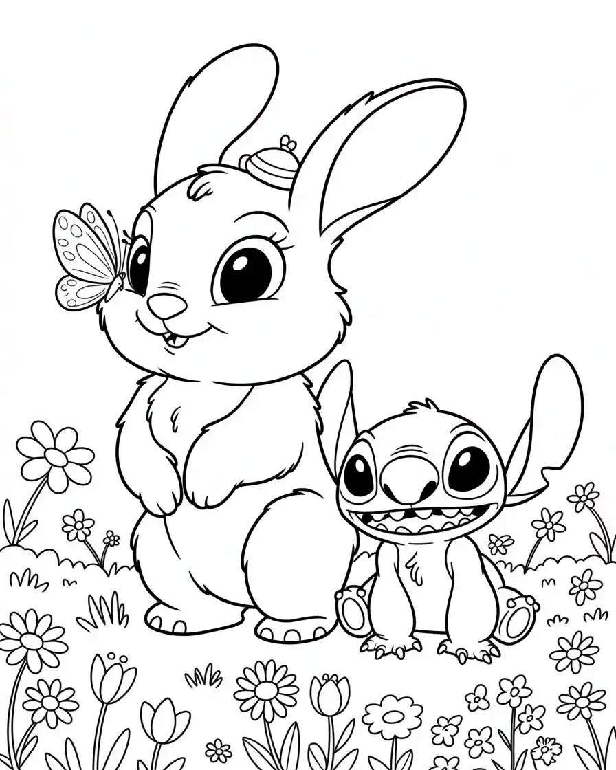 furry rabbit with stitch surrounded by flowers coloring page