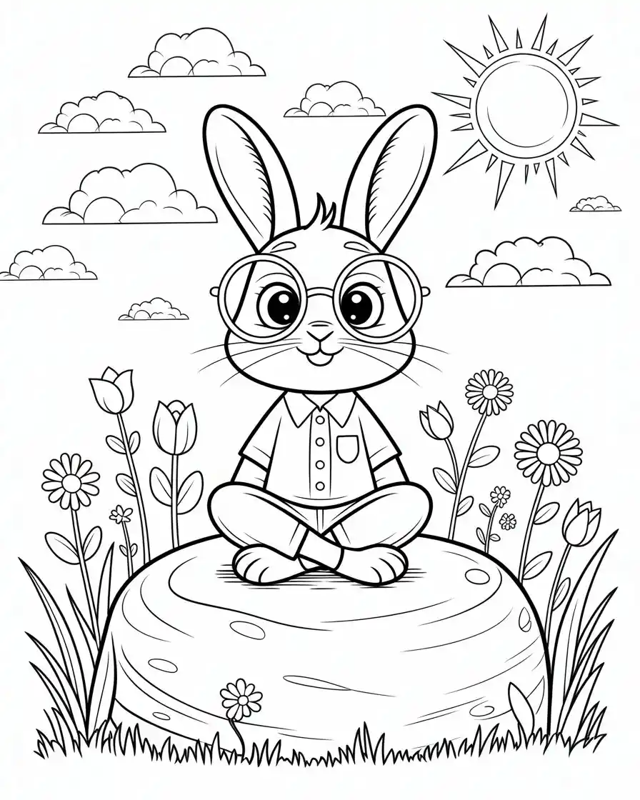 nerdy rabbit sitting on a rock coloring page