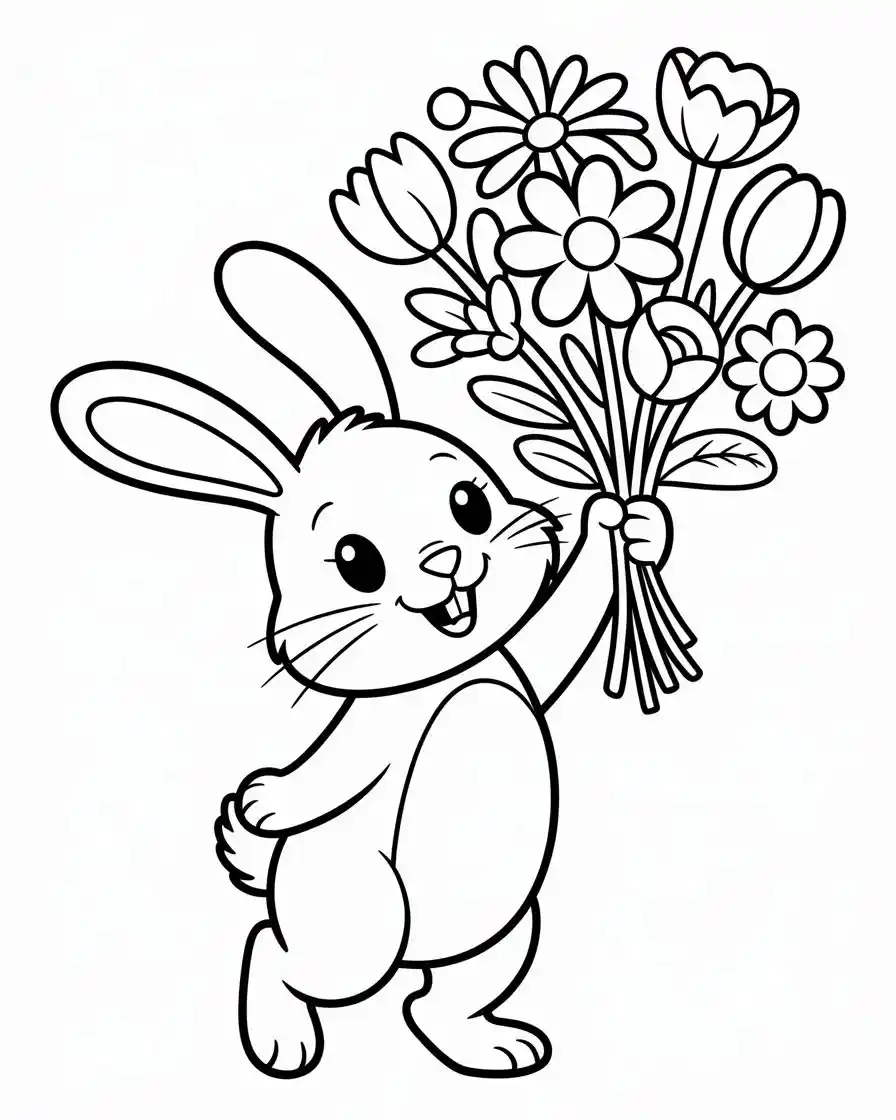 rabbit holds a lot of flowers coloring page