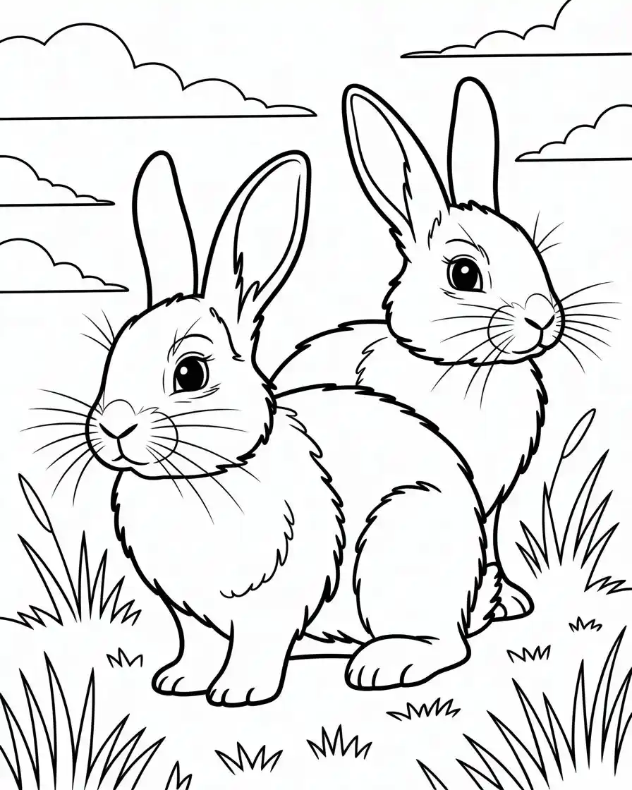 two rabbits standing in grass coloring