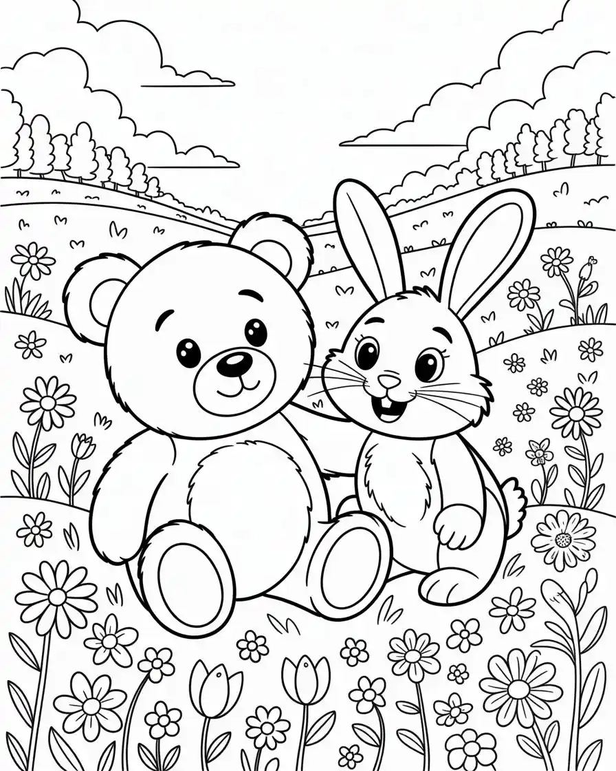 winnie the pooh and rabbit in flower field coloring page 1
